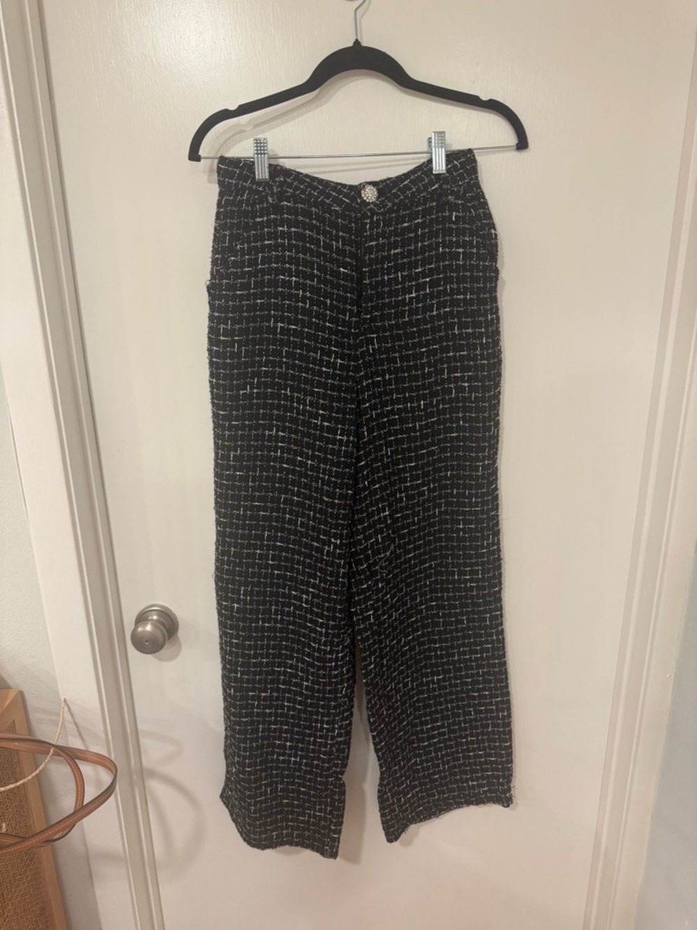 Le Lis Black Tweed Pants with Rhinestone Accent
